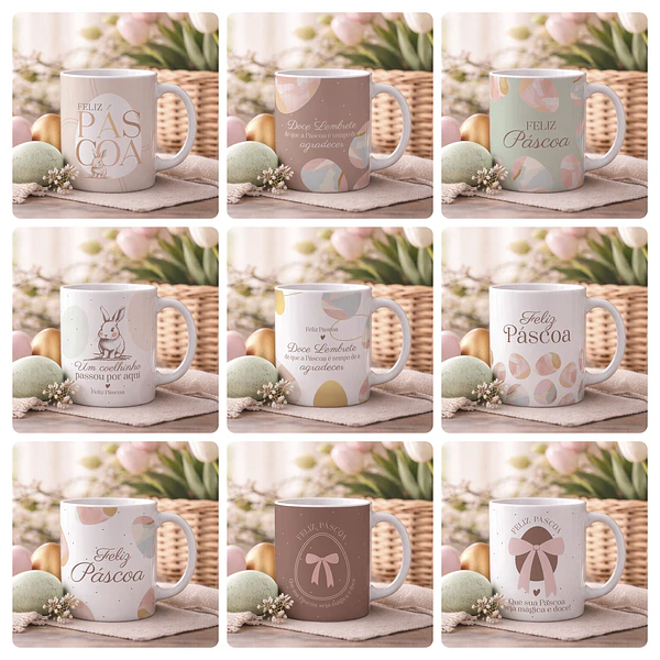 15 Artes para Caneca Páscoa Coelhos Arquivo Editável
