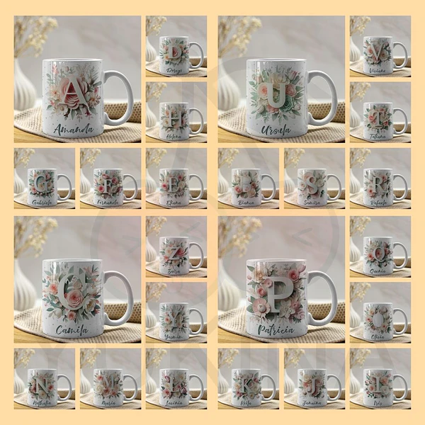 26 Artes Caneca Alfabeto Floral 3D Arquivo em Jpg