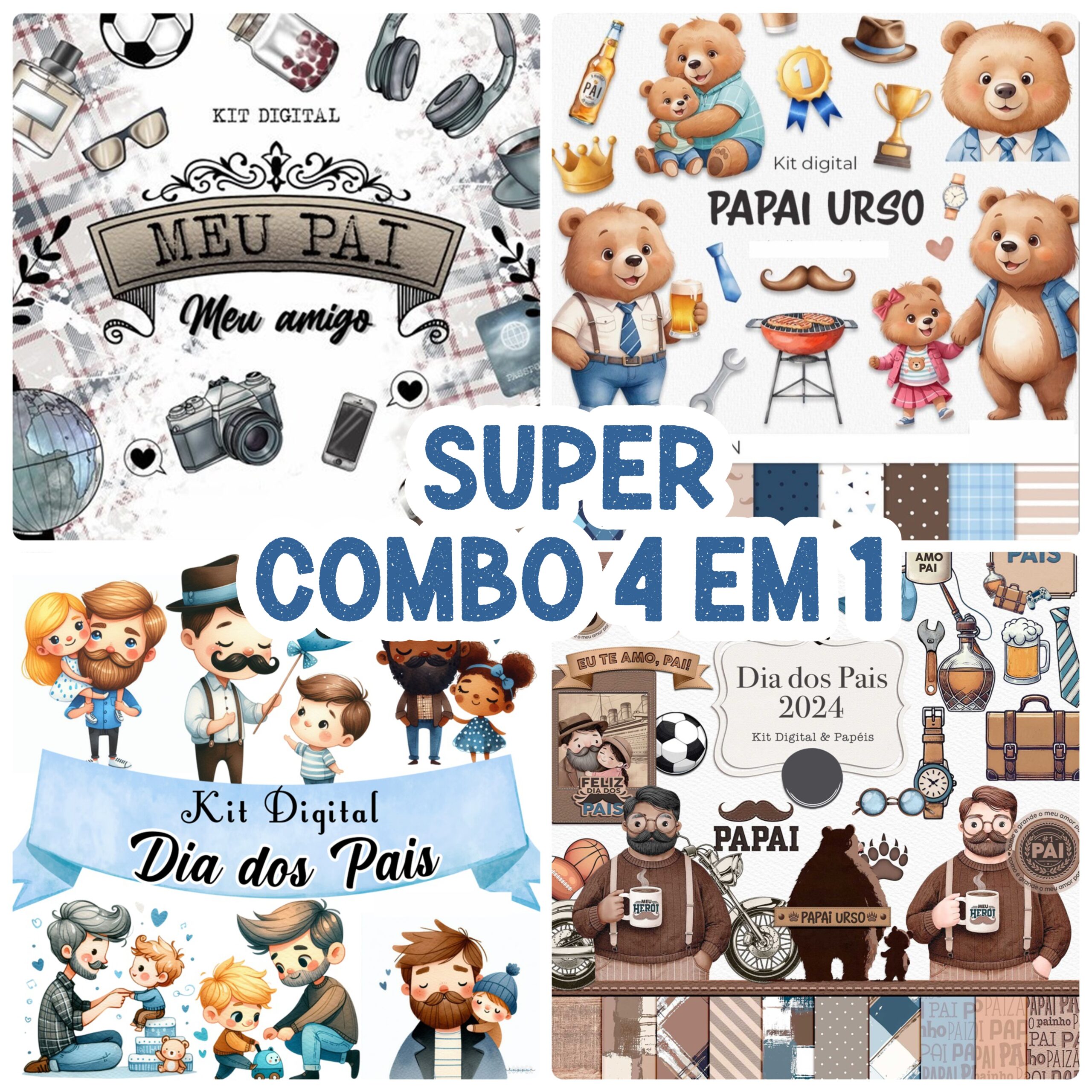 Combo 4 em 1 Kit Digital Dia dos Pais Lançamento em Png
