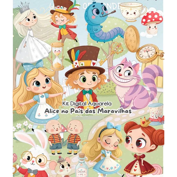 Kit Digital Alice No Páis Das Maravilhas Aquarela Arquivos em Png