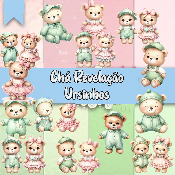 Kit Digital Chá Revelação Ursinhos Verde e Rosa Png