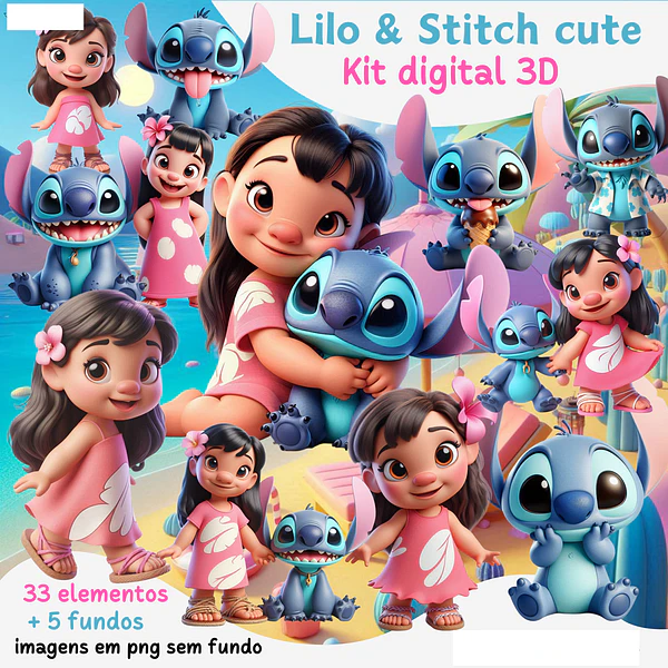 Kit Digital Lilo & Stitch cute 3D Arquivos em Png