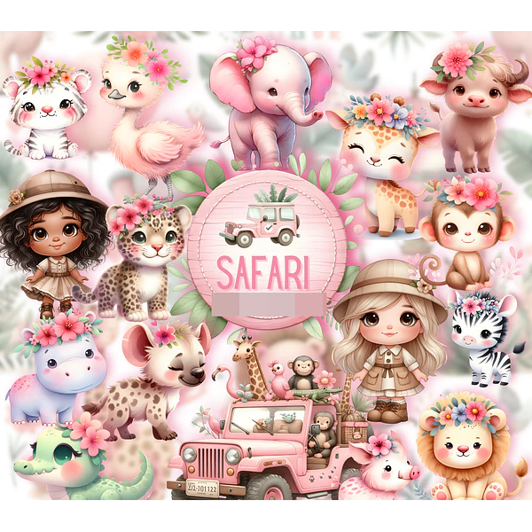 Kit Digital Safari Baby Rosa Aquarela em Png