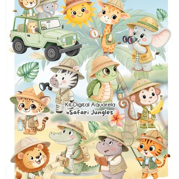 Kit Digital Safari Jungles Aquarela Arquivos em Png